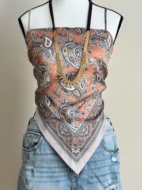Silk Paisley Bandana Scarf Top in Rust